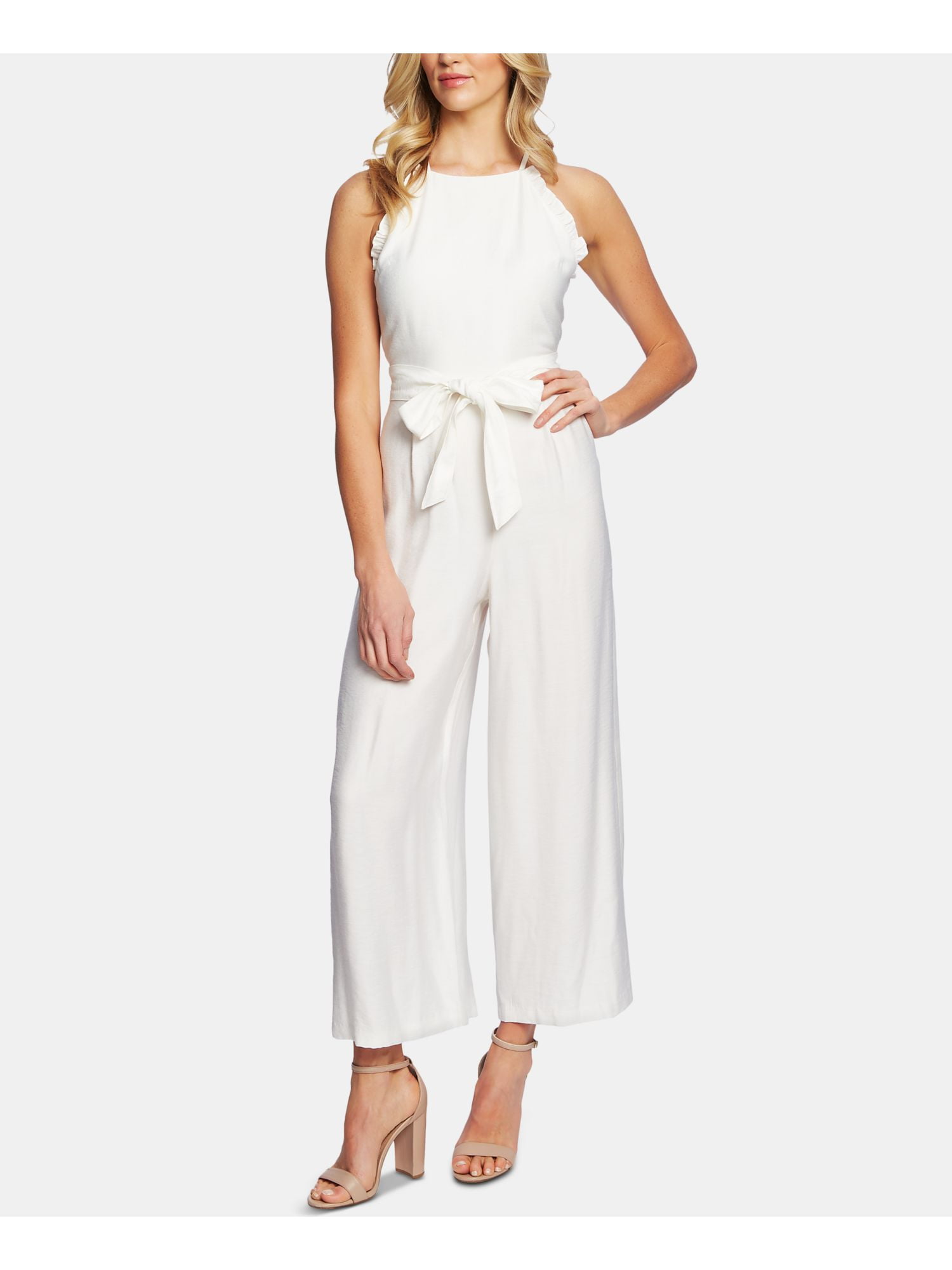 CeCe - CECE Womens Ivory Sleeveless Halter Tank Wide Leg Jumpsuit Size