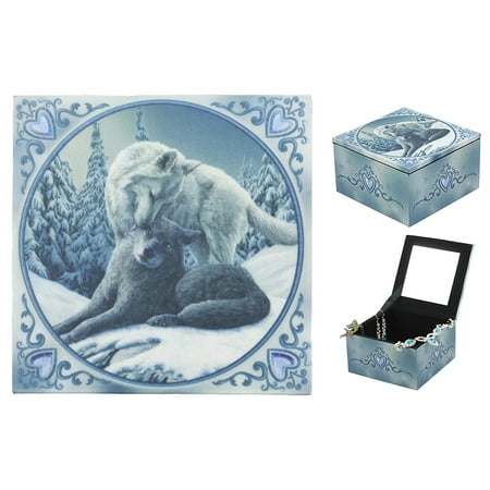 Porcelain Heart Keepsake Box - Ebros Blue Valentine Heart Tundra Snow And Gray Wolf Family Mirror Jewelry Box Trinket Keepsake Personal Storage Accessory