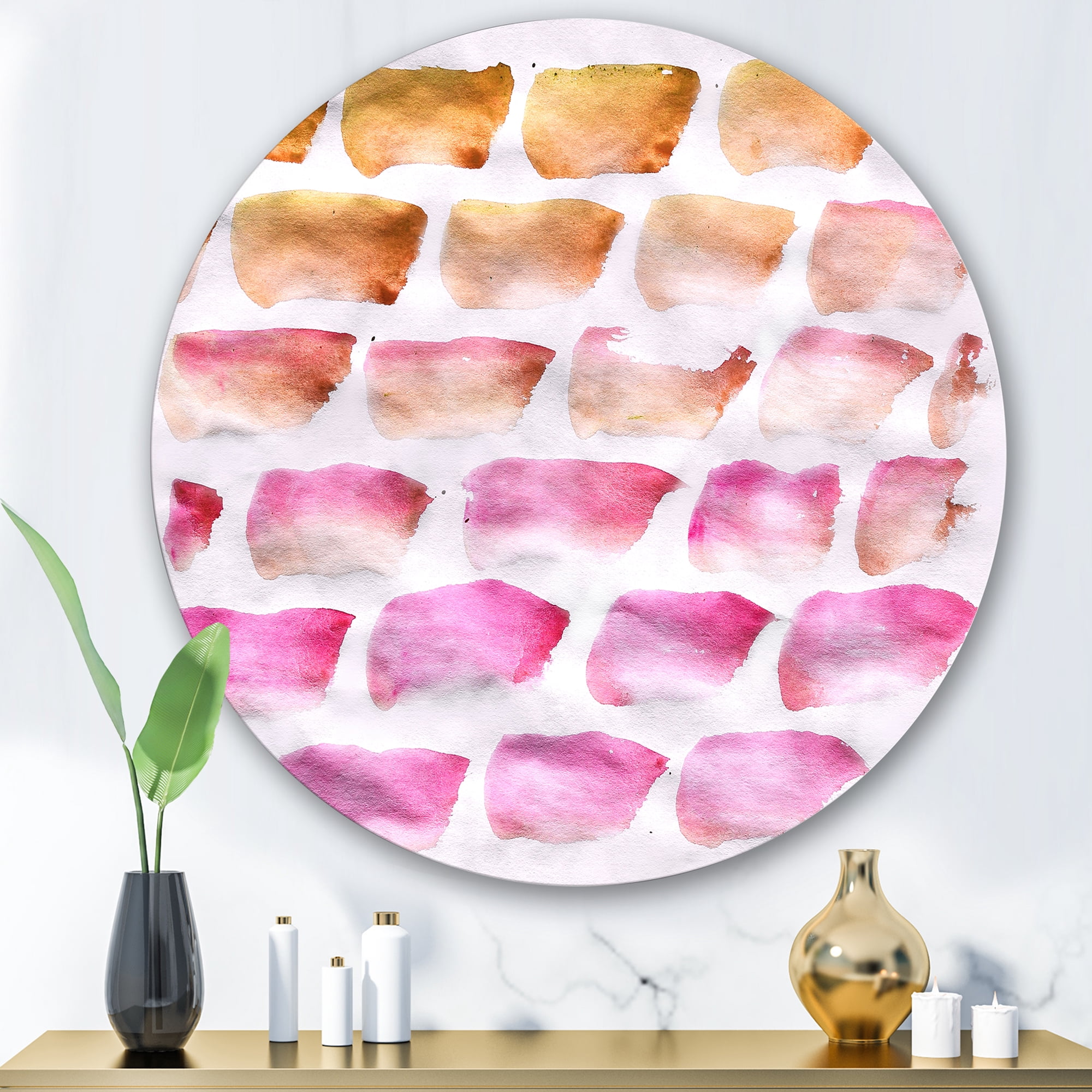 Designart 'Dark Yellow and Pink Abstracts Brushes' Modern Circle Metal Wall Art 29x29 - Disc of 29