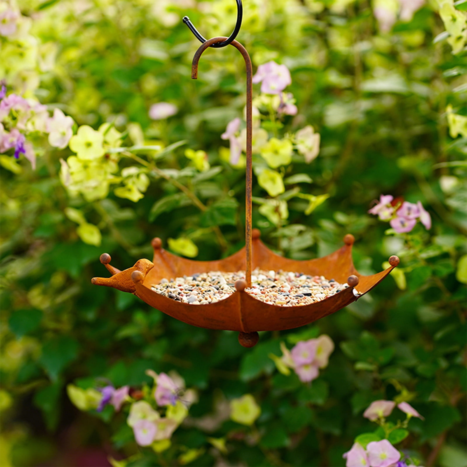 DAMAI Metal Umbrella Bird Feeders, Upside Down Umbrella Shape Bird Feeder with Hooks, Hummingbird Feeder for Outside, Metal and Water Bowl, Garden Backyard Decor, Brown