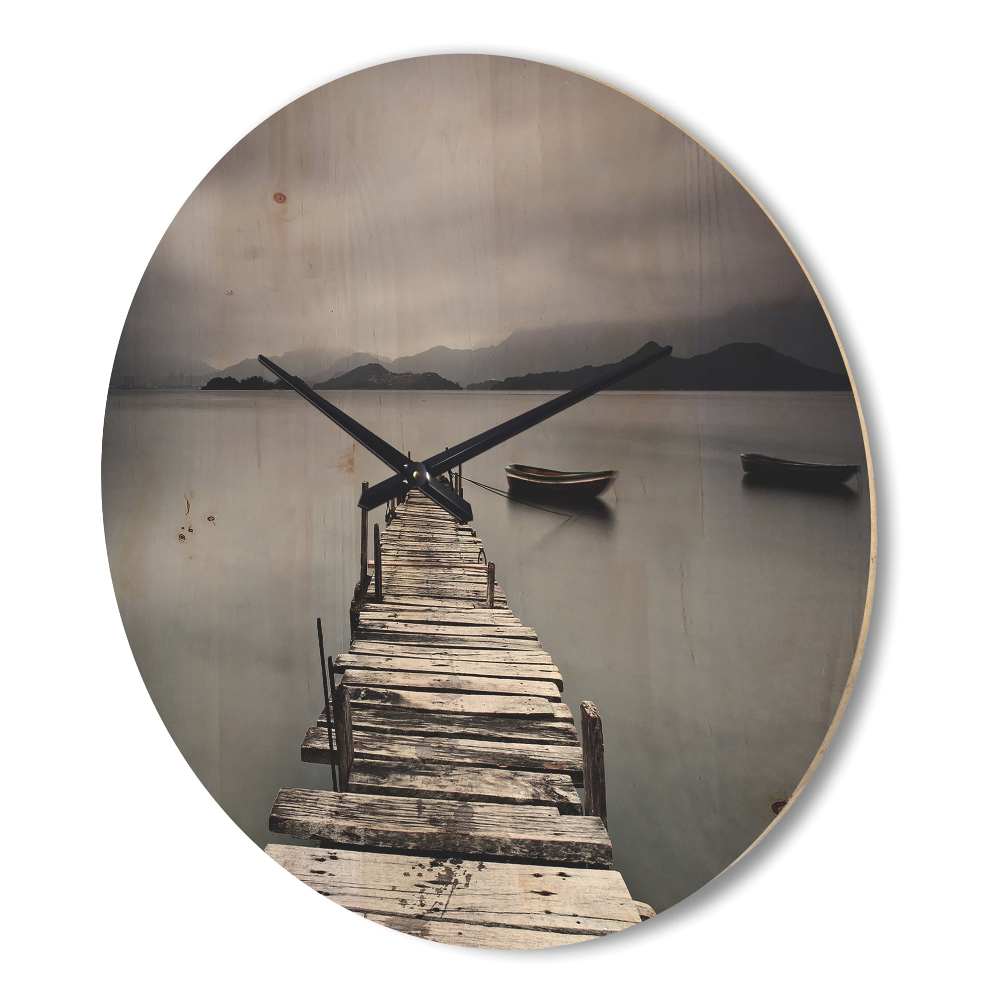 Designart 'Boats and Pier at Seashore' Modern Wood Wall Clock