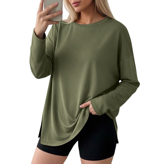 Oversized Long Sleeve Workout T-Shirt with Side Slits for Women - Soft Stretchy Casual Gym Top for Fall Fitness and Daily Wear