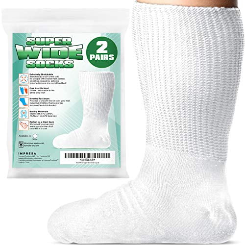 2Pack One Size Unisex Extra Width Socks in White for Lymphedema