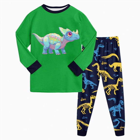 Linfrsh Boys Pajamas Size 10-12 Soft Pajamas for Boys Dinosaur Cotton Long Sleeve & Pants 2-Piece PJ Set Kid Sleepwear(Green,8-9 Years)