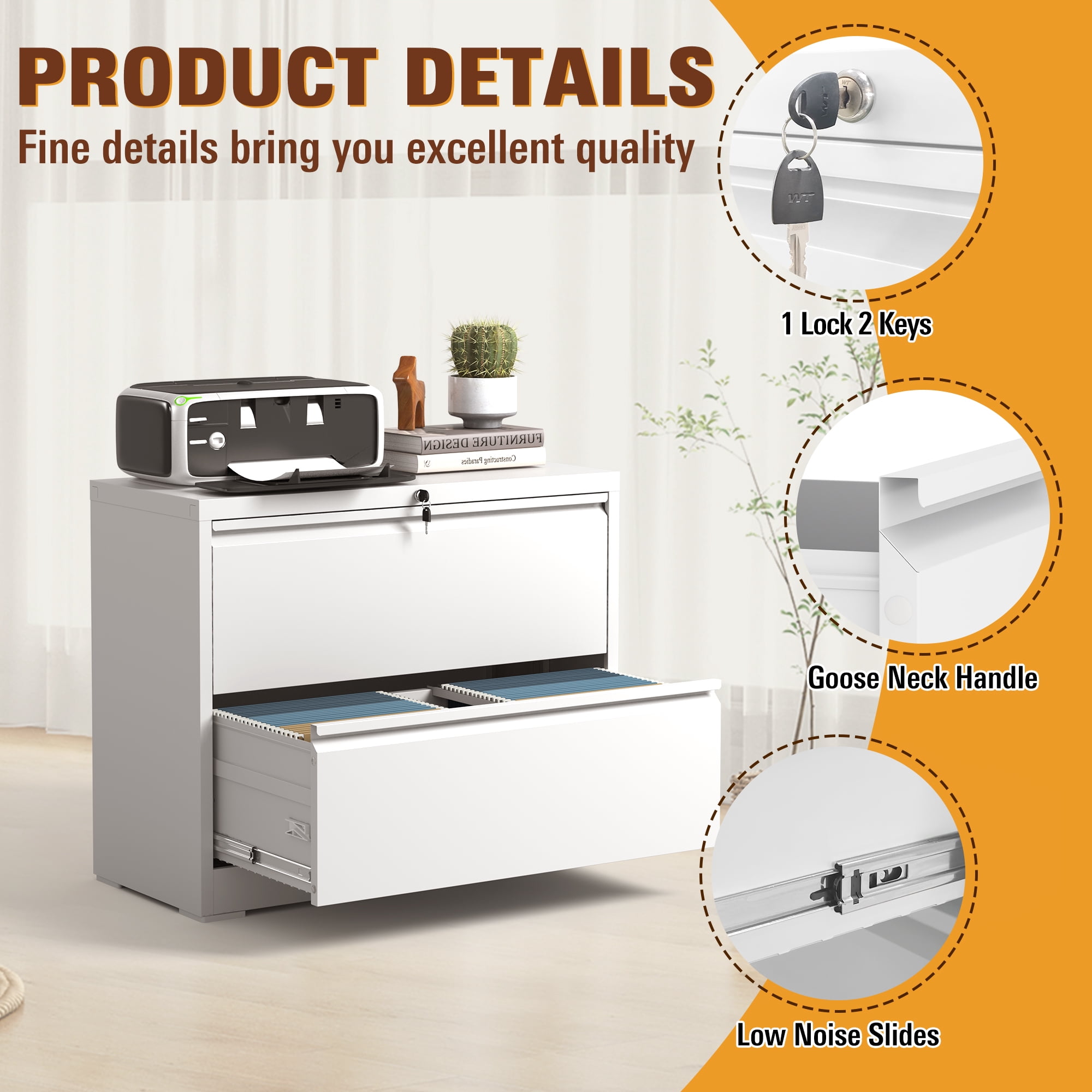 Lateral File Cabinet with Lock, 2 Drawer Metal Filing Cabinet, File Cabinet Organizer for Home Office, Easy Assembly, Lockingl File Cabinets for Legal/Letter/A4, 35.43"W x 15.75"D x 28.5"H,White