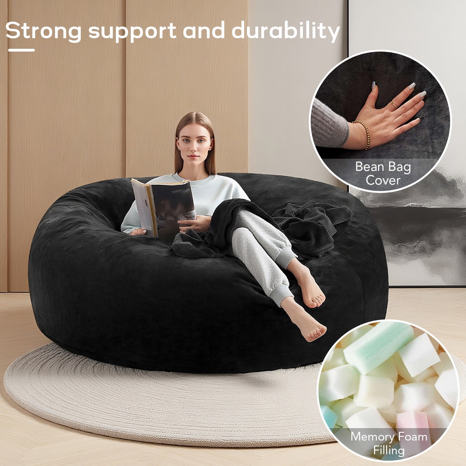 6FT Bean Bag Chair for Adults Teens, black high-density foam Filled Soft Sofa, Removable Flannel Cover Round Couch for Living Room Bedroom Dorm