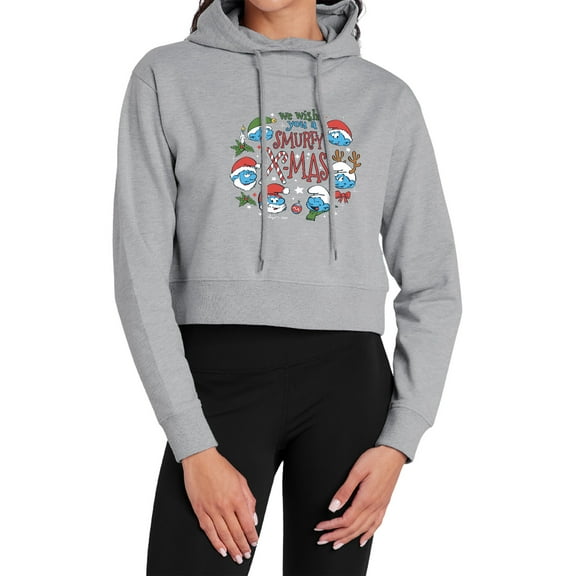 Smurfs We Wish You A Smurfy Christmas Women's Cropped Hoodie Pullover Sweatshirt, Athletic Heather, X-Small