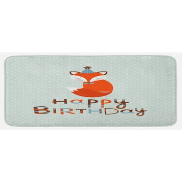 Birthday Kitchen Mat, Fox Sleeping on Dotted Backdrop with Greeting Happy Message, Plush Decorative Kitchen Mat with Non Slip Backing, 47" X 19", Almond Green Orange, by Ambesonne