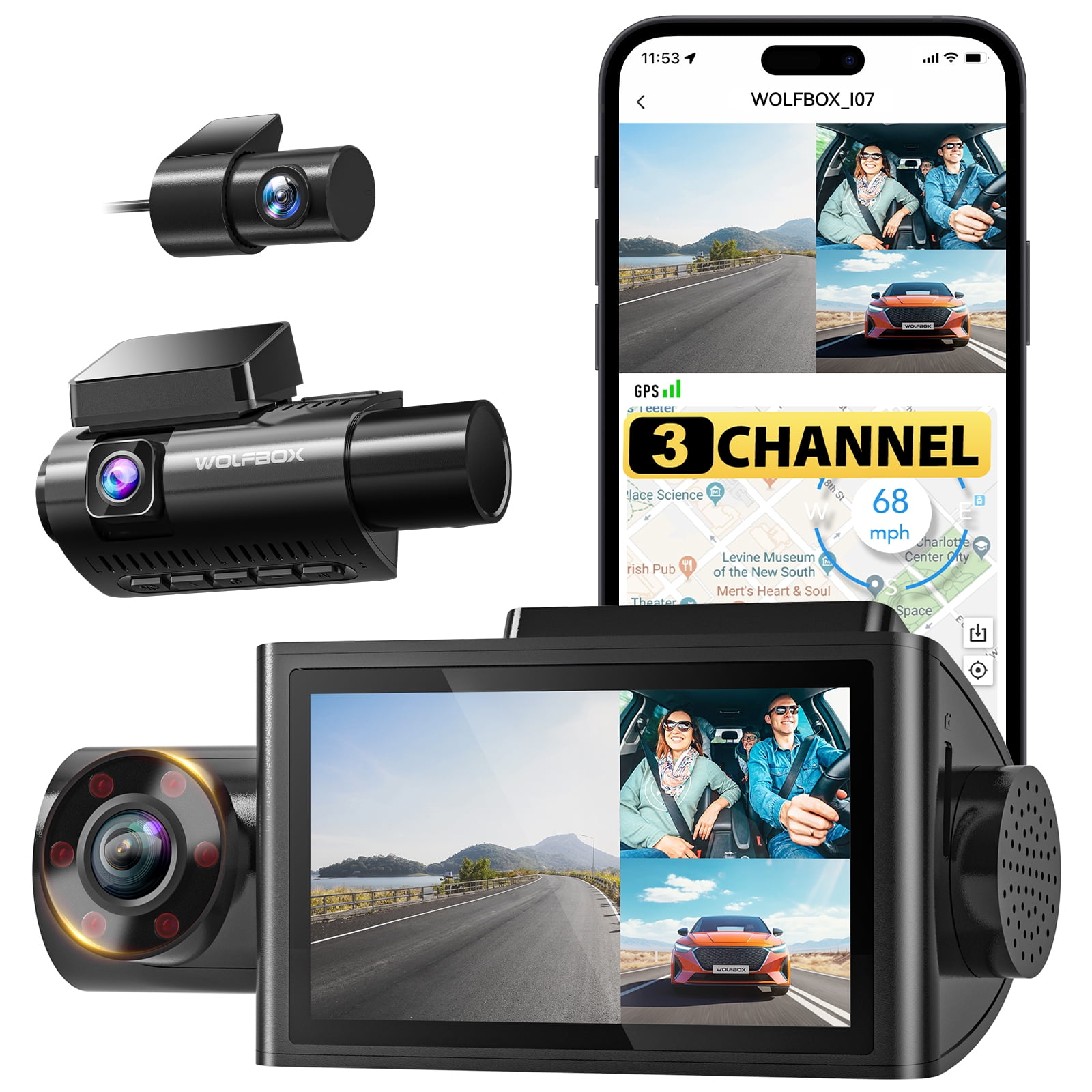 WolfBox 3 Channel4K Dash Cam, 2.5K+1080P+1080P Dash Cam for Cars, Dash Camera with 3" LCD Display, Super IR Night Vision, Built-in WiFi & GPS