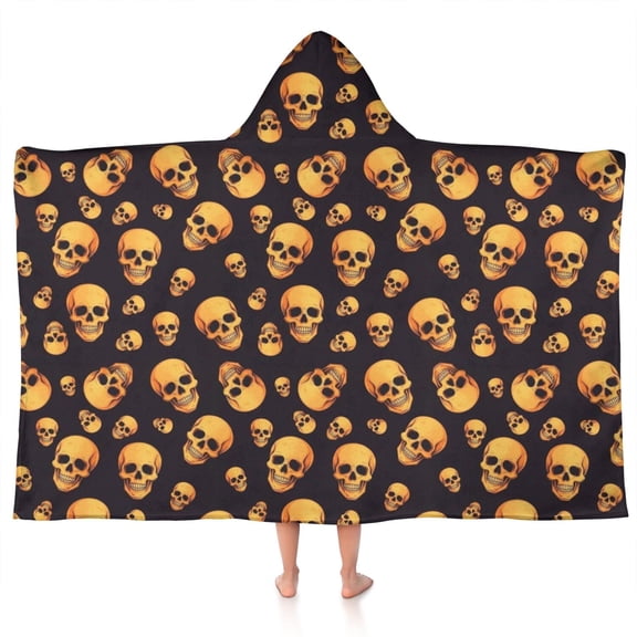Black Orange Skull Pattern Hooded Bath Towel,50"x30" for Ages 3 To 12 Kids, Quick Dry Lightweight Soft Microfiber Hood Beach Towel Cover Up for Kids