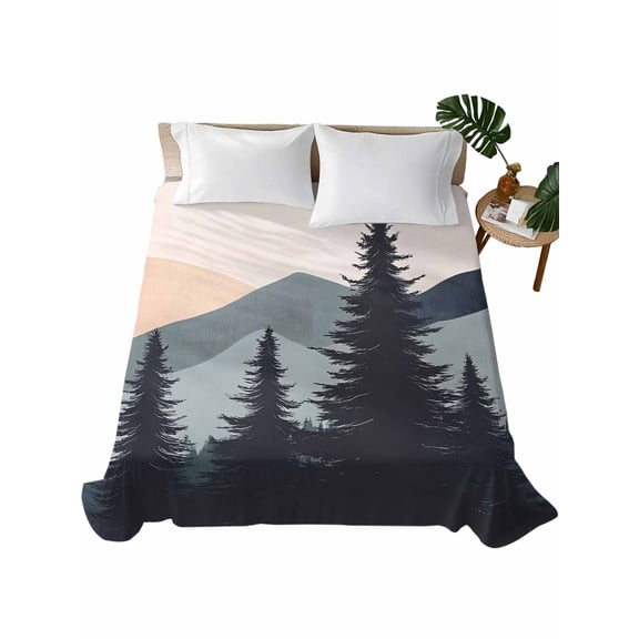 Twin XL Flat Sheet 66"x102", Mountain Forest Soft Lightweight Bedding Flat Sheets Only, Nature Tree Scenery Watercolor Pink Blue Brushed Microfiber Top Bed Sheet, Breathable StainResistant Bedsheets