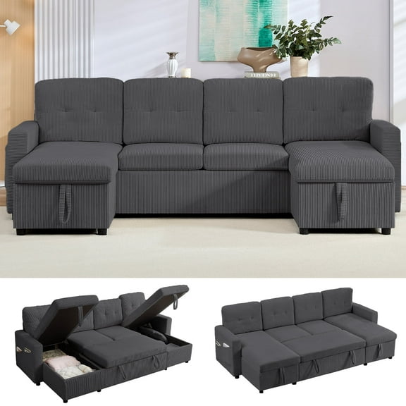 Mjkone 103’’ Pull-Out Sleeper Sofa Bed with Storage Chaise,6 Seat U-shaped Sectional Couch for Living Room,Dark Gray