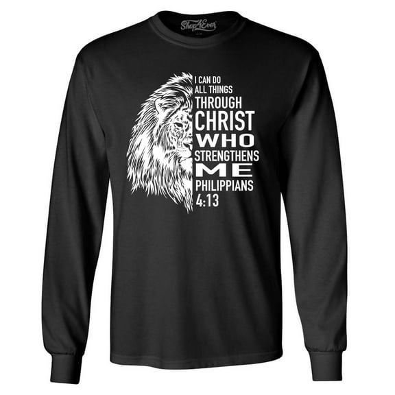 Shop4Ever Men's Lion Verse I Can Do All Things Through Christ Long Sleeve Shirt 2XL Black