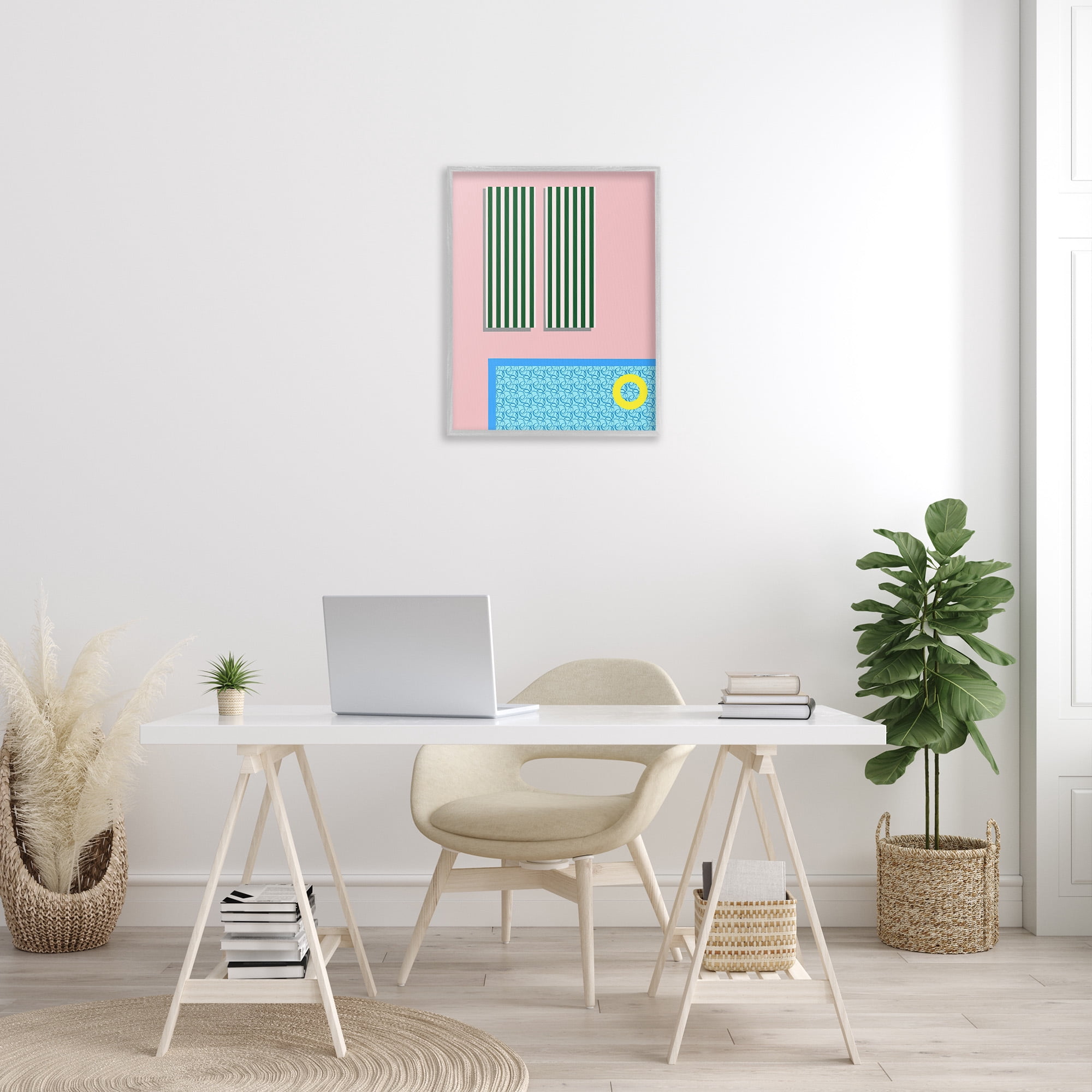 Stupell Industries Geometric Summer Poolside Nature Painting Gray Framed Art Print Wall Art, 24 x 30