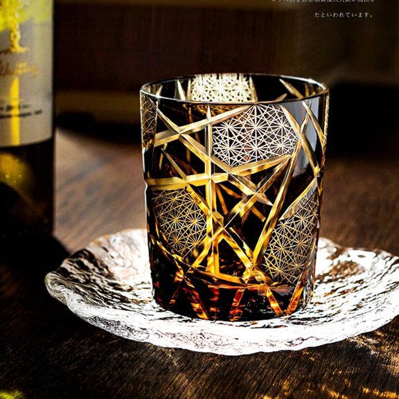Edo Kiriko Old Fashioned Glasses Japanese Style Crystal Amber 8 0z Black Diamond Cut Glass Cup Tumbler for Vodka Cocktail Whiskey