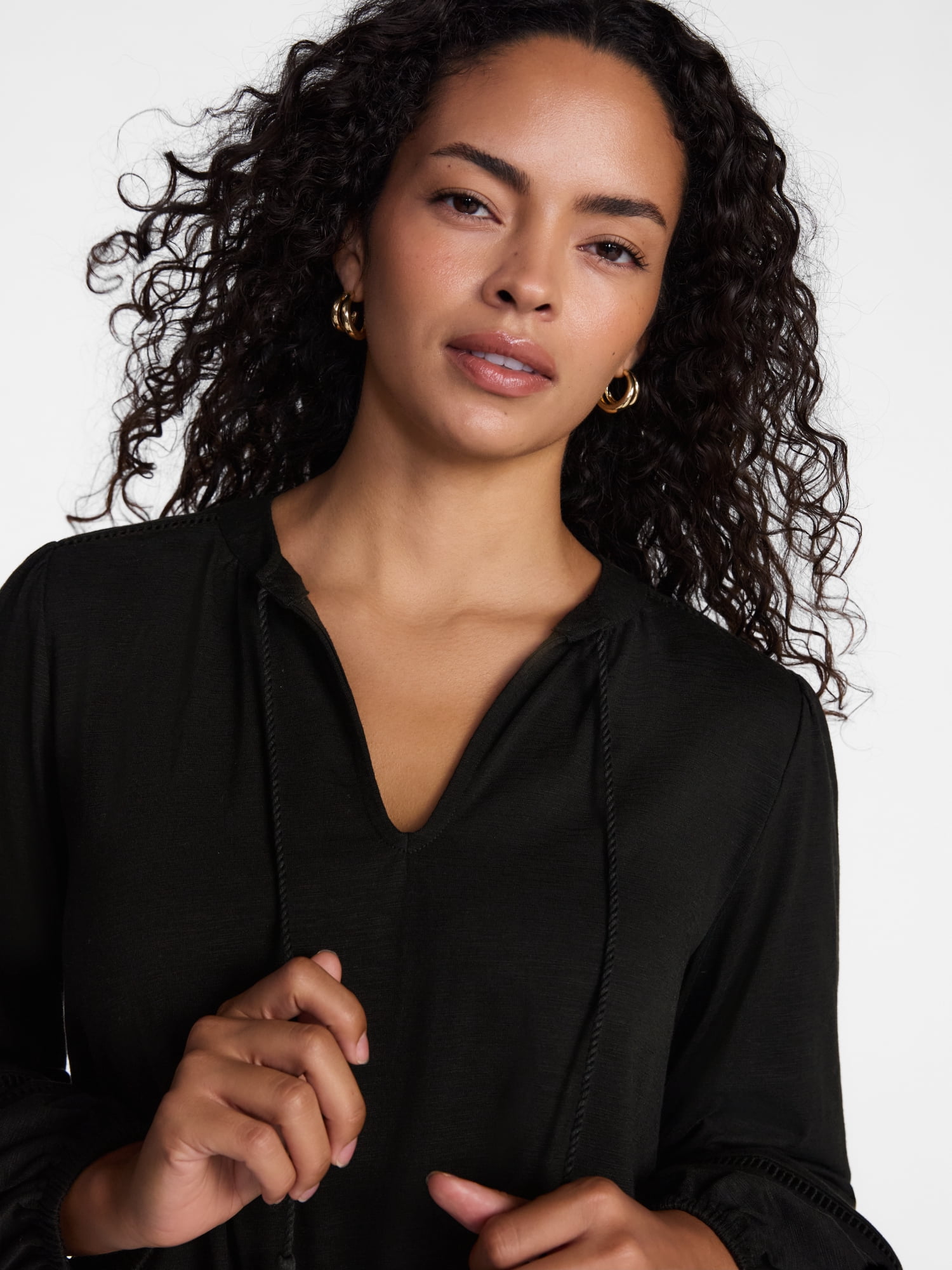 Scenario Women's Slub Knit Split Neck Top with Long Sleeves, Sizes XS-XXXL