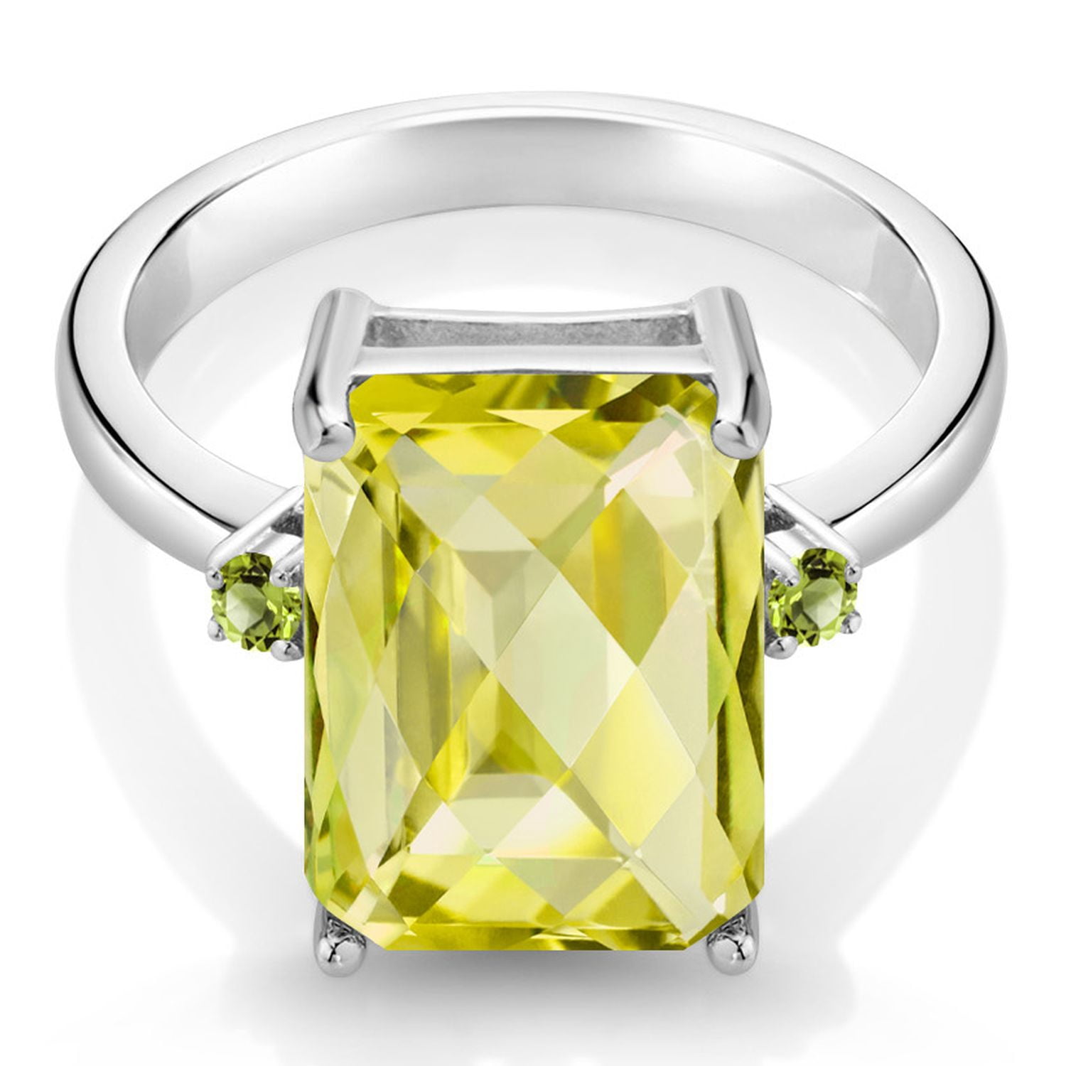 Gem Stone King 6.95 Cttw Yellow Lemon Quartz and Green Peridot Ring for Women | 925 Sterling Silver | Emerald Cut Checkerboard 14x10MM | Wedding Engagement Anniversary Promise Ring for Women | Size 9