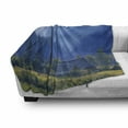 thumbnail image 3 of Rustic Soft Flannel Fleece Blanket, Mountain Village Ukraine Rising Sun Pine Trees Forest Wooden House Nostalgic Photo, Cozy Plush for Indoor and Outdoor Use, 50" x 70", Green Blue, by Ambesonne, 3 of 6