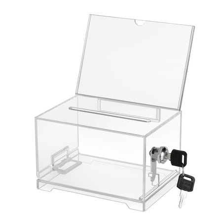 Clear Ballot Box w/ Removable Sign Holder/Header, Self-Standing Acrylic Raffle Ticket Collection Storage Container w/ Lock & Keys, for Voting Fund-Raising Charity Donation Survey Suggestions Contests
