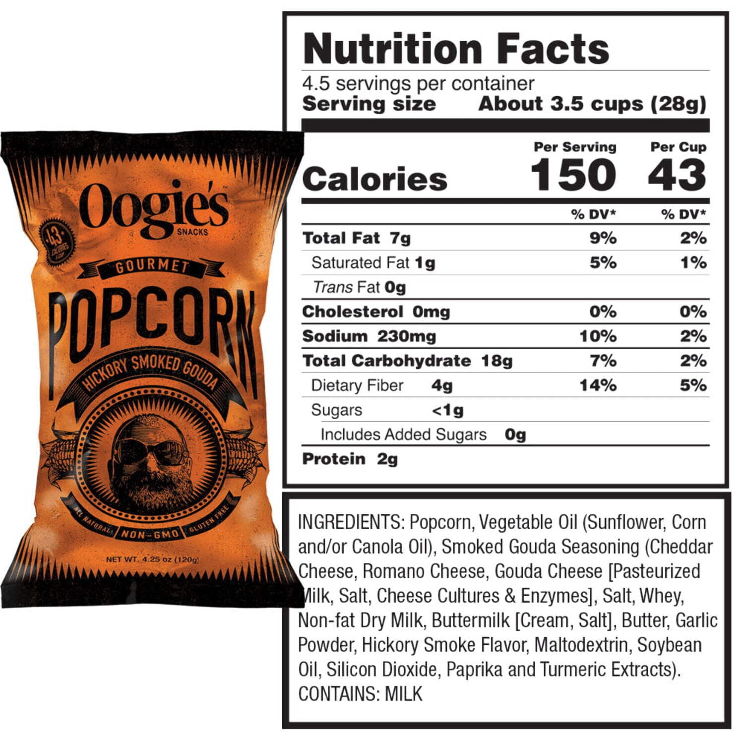 Oogie’s Snacks Gluten-Free Hickory Smoked Gouda Popcorn, 4.25 oz Big Bags (4 Count)