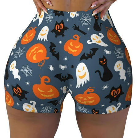 Workout Shorts Women  pumpkin halloween cats Biker Shorts for Women Running Gym Spandex Shorts Tummy Control