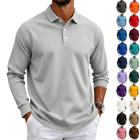 Hearthz Golf Polo Shirts for Men Soft Breathable Moisture Wicking Long Sleeve Shirts for Men Comfort Colors Collared Mens Golf Polo Light Gray XXXL