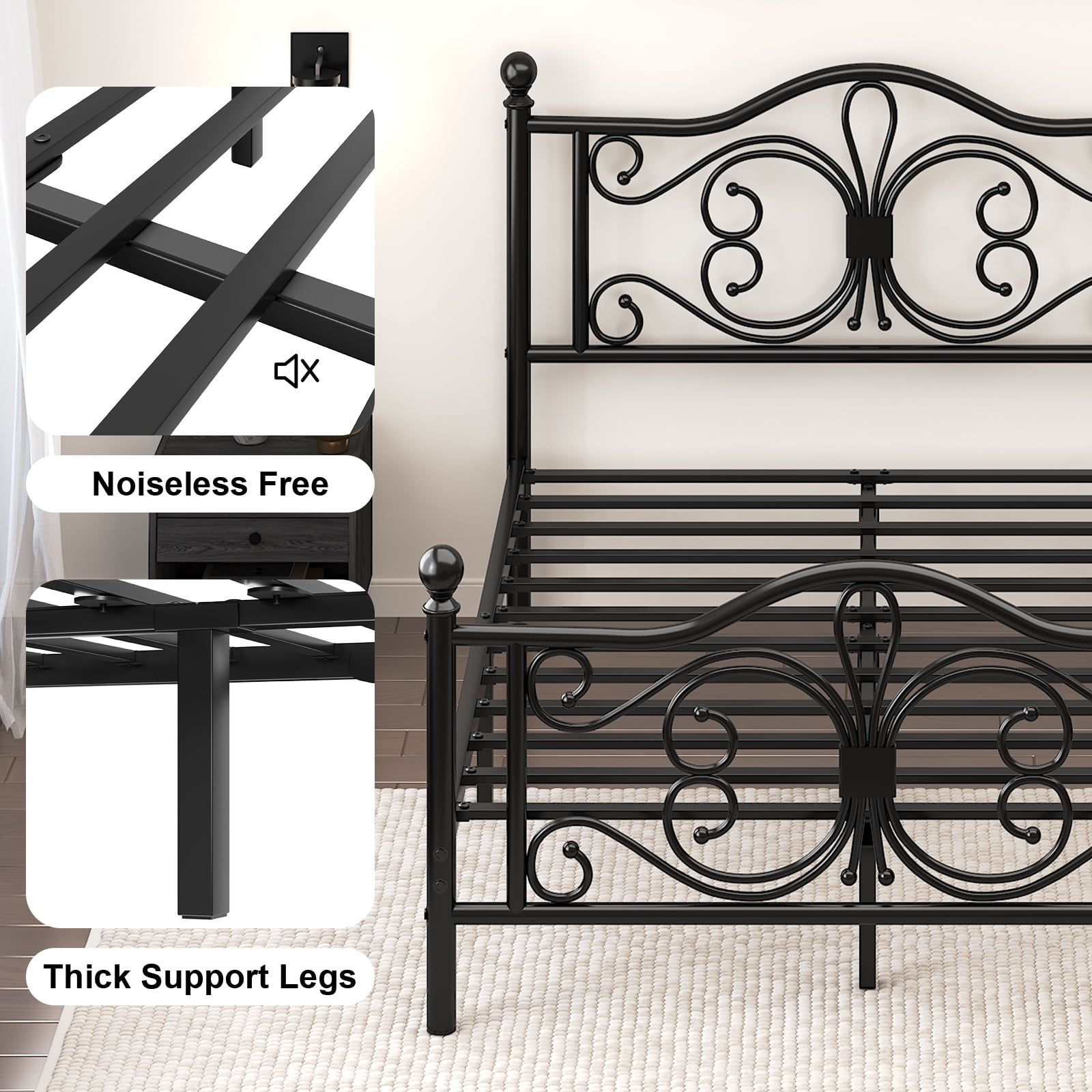 E-motie Metal Platform Bed Frame Queen Size with Butterfly Pattern Vintage Headboard & Footboard, Underbed Storage, Black