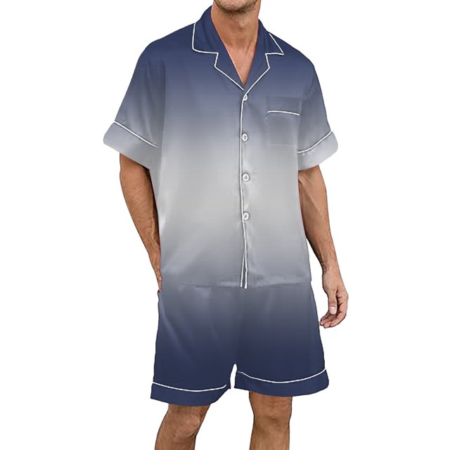 Men's Gradient Printed Silk Satin Short Sleeve Button Up Pajama Loungewear Set for Comfortable Sleep