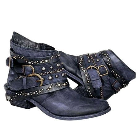 

TOYFUNNY Womens Solid Color Chunky Heel Retro Spiked Ankle Boots