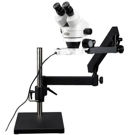 AmScope 7X-45X Zoom Microscope with Articulating Stand   Base Plate   Ring Light New