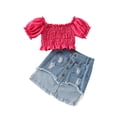 thumbnail image 1 of Baby Girls Short Skirt Set Pleated Short Sleeve Tops + Irregular Hem Fringe Short Denim Skirt Set, 1 of 9
