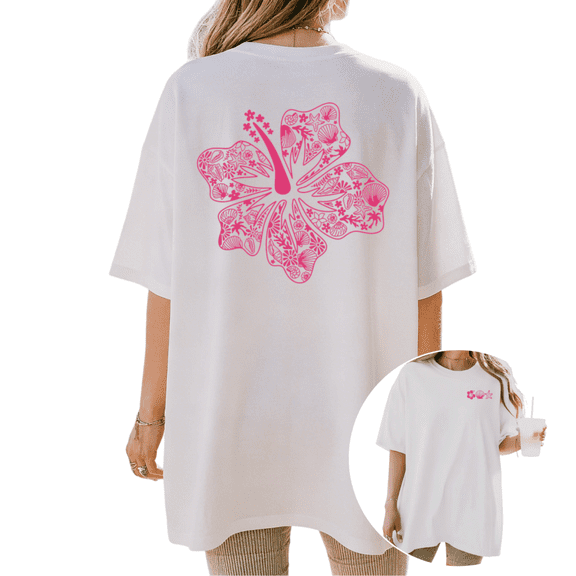 Cozymy Women's Tropical Hibiscus Seashell Graphic Short Sleeve T-Shirt Crewneck Casual Loose Fit Summer Beach Vacation Cotton Tee