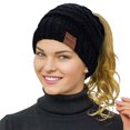 thumbnail image 1 of Rosoz Bonnet Queue de Cheval pour Femmes Bonnet d'Hiver Chaud Queue de Cheval Doux Extensible Tricoté Chapeau Haut Chignon Noir, 1 of 4