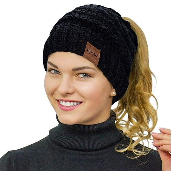 Rosoz Ponytail Beanie For Women Winter Warm Beanie Tail Soft Stretch Cable Knit Messy High Bun Hat Black
