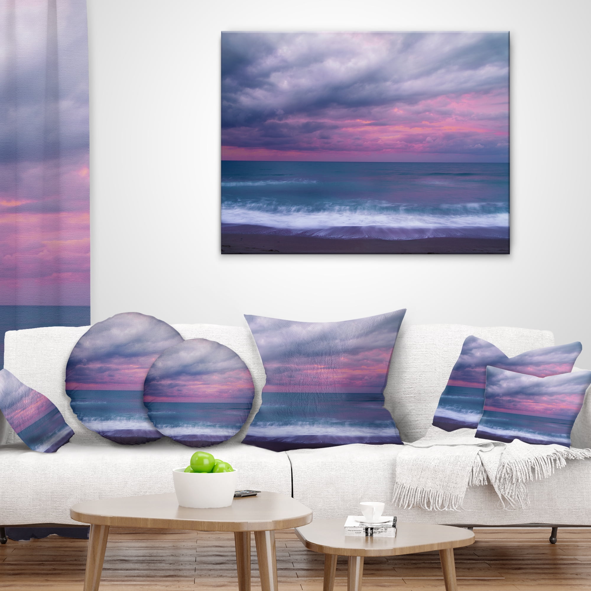 Designart Blue and Pink Unset over Sea - Seashore Throw Pillow - 18x18