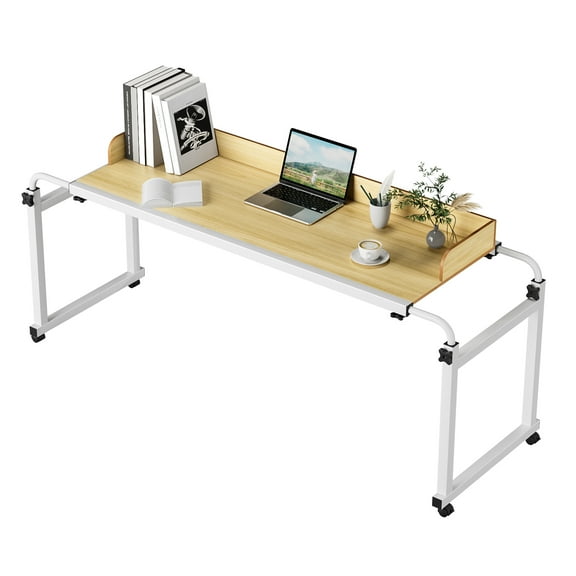Momarys 120x40CM Height-Adjustable Overbed Table - Rolling Desk with Lockable Wheels, Raised Baffle & Extendable Length (Fits Beds Up to 82.68”) - Home Office/Bedroom/Hospital Workstation