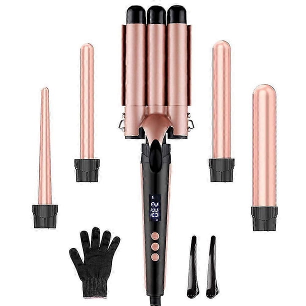 Curling Iron Set 5 in 1 with 3 Barrels - Wave Iron for Large/Medium or Small Curls Ceramic Coating Curling Irons Temperature Setting Quick Heati