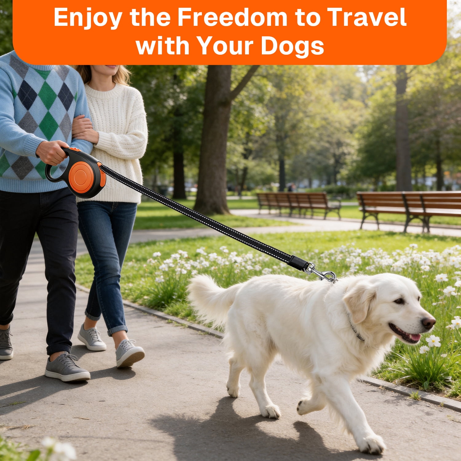 Behome 26Ft Retractable Dog Leash,Walking Leash for Large Dogs/Cats Up to 110lbs,Luminous Spring Strong Nylon Tape, 360° Tangle Free,One-Handed Brake