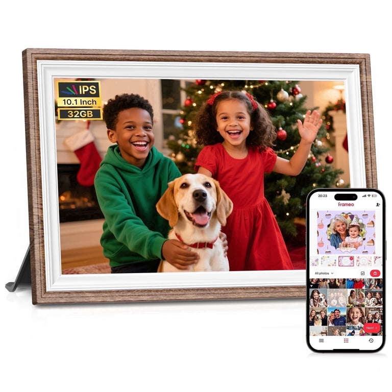 Apveelveer 10.1 Inch Digitaal Fotolijstje – Eiken Houten Lijst, 32GB, 1280x800 IPS Touchscreen, Frameo App, Auto-rotate