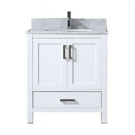30 in. Jacques Single Vanity with White Carrera Marble Top, White Square Sink & No Mirror - White