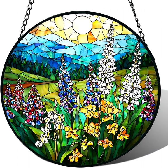 ACDANC Stained Glass Window Hanging,Wildflowers Plant Scenery Suncatcher for Door Home Decor,Valley Sunrise Sun Catcher Ornament Mother'S Day Birthday Gifts for Women Men Mom 6.3 In
