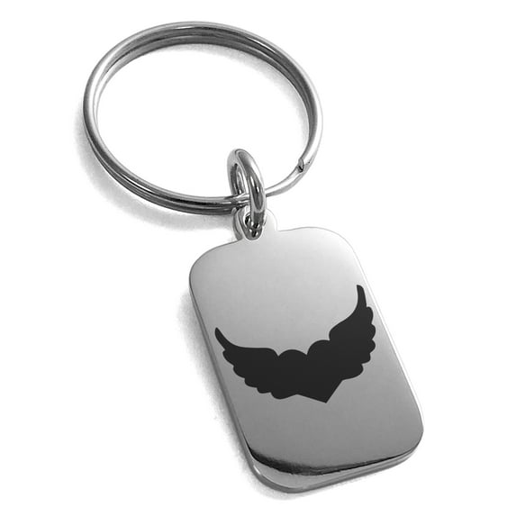 Stainless Steel Angel Wings Heart Engraved Small Rectangle Dog Tag Charm Keychain Keyring
