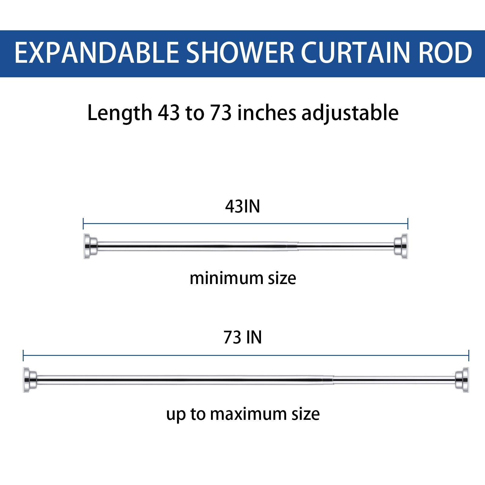 Ktinnead Tension Shower Curtain Rod - Adjustable Spring Tension Rod Rust Resistant No Drilling Anti-Slip Bar for Windows / Shower, 304 Stainless Steel, 43" to 73".