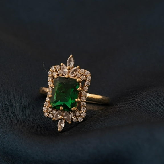 Hitanshu Jewels Women's Green Gemstone Ring with Marquise and Round White Accents in 14k Gold Finish