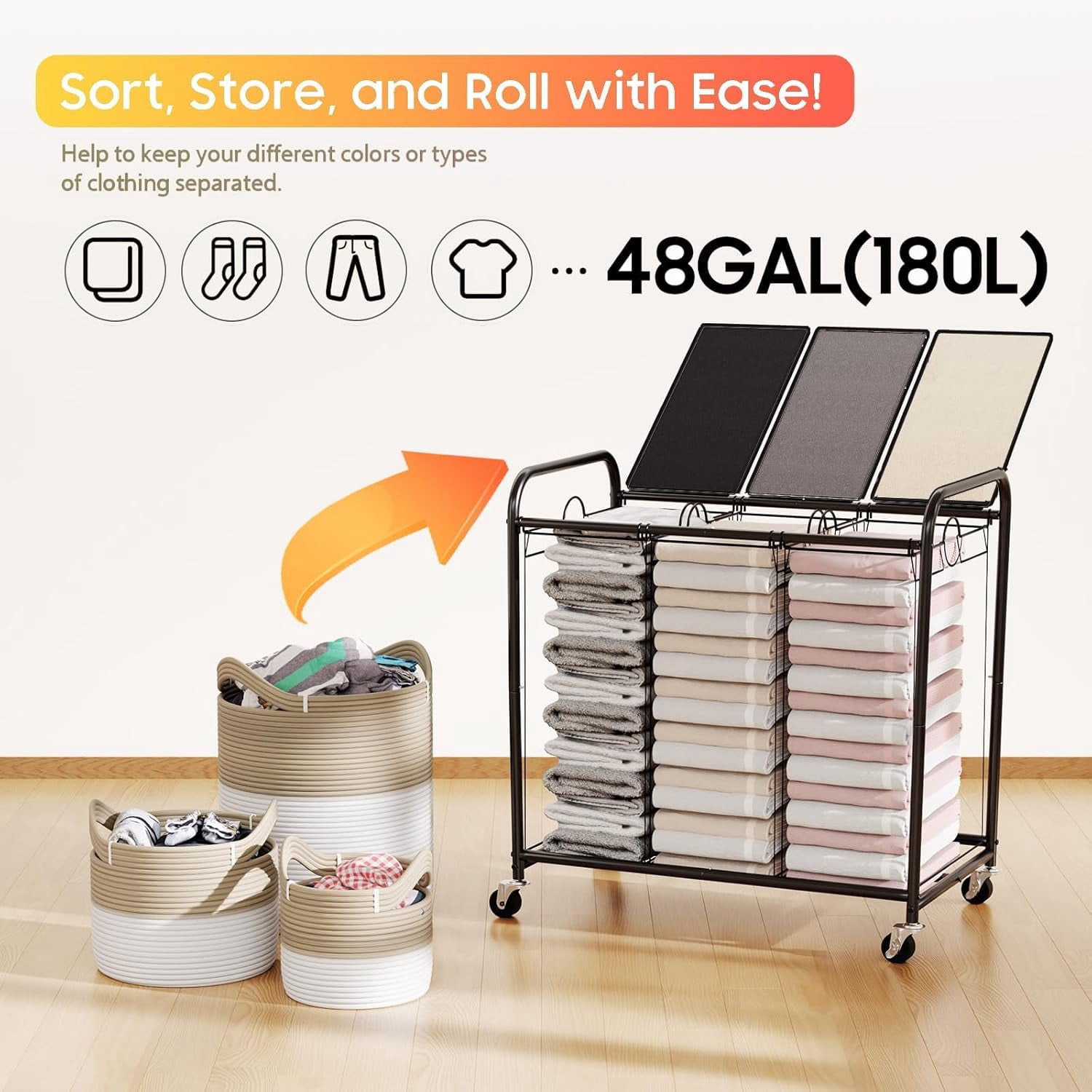 180L (47.55 Gal) Laundry Sorter 3 Section, Rolling Laundry Basket with Lockable Wheels and Lid, Laundry Hamper with 3 Separated Removable Bags Dirty Clothes Hamper for Laundry Room, Multicolored