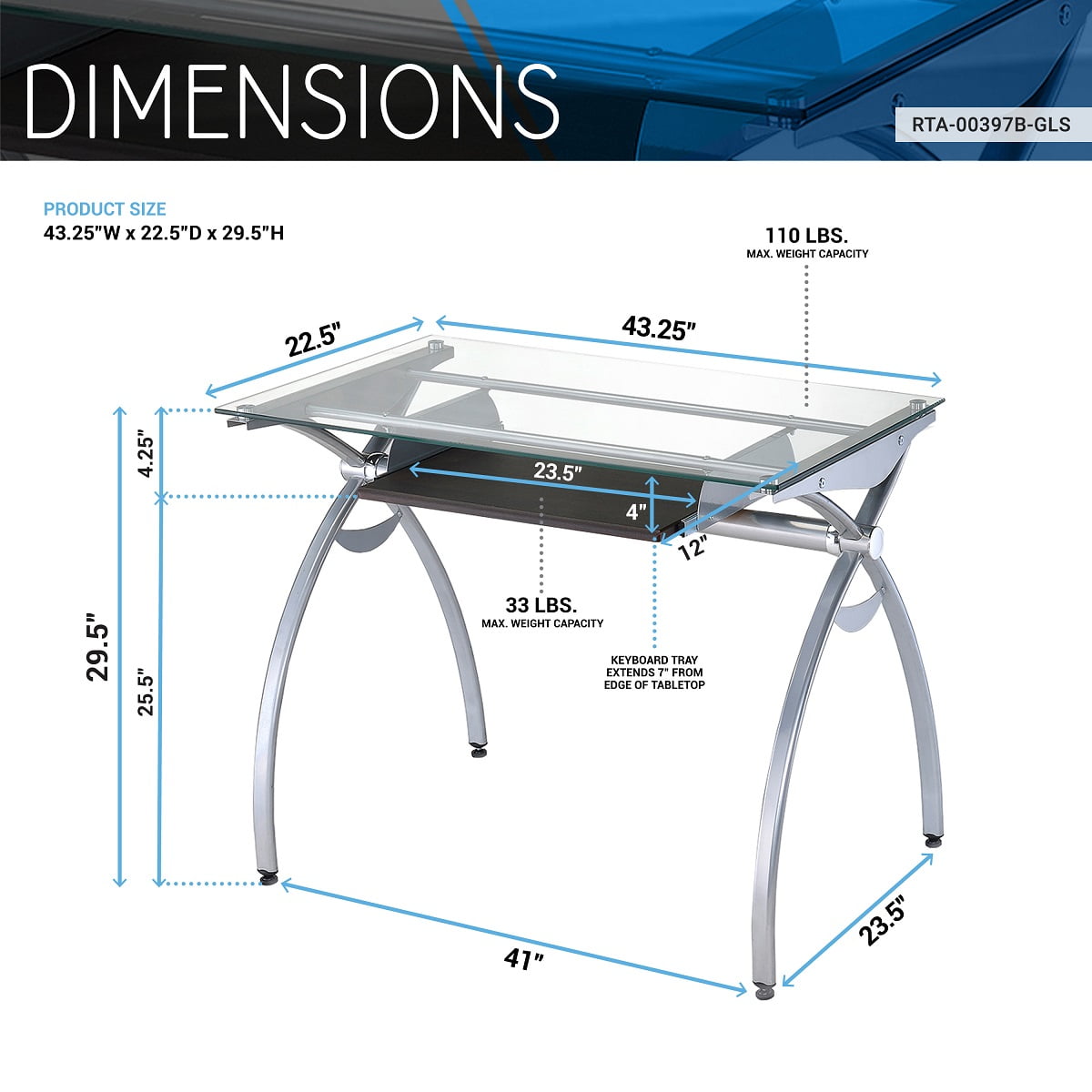 Canddidliike 43" Modern Computer Desk with Clear Glass Top & Pull Out Keyboard Panel - Transparent