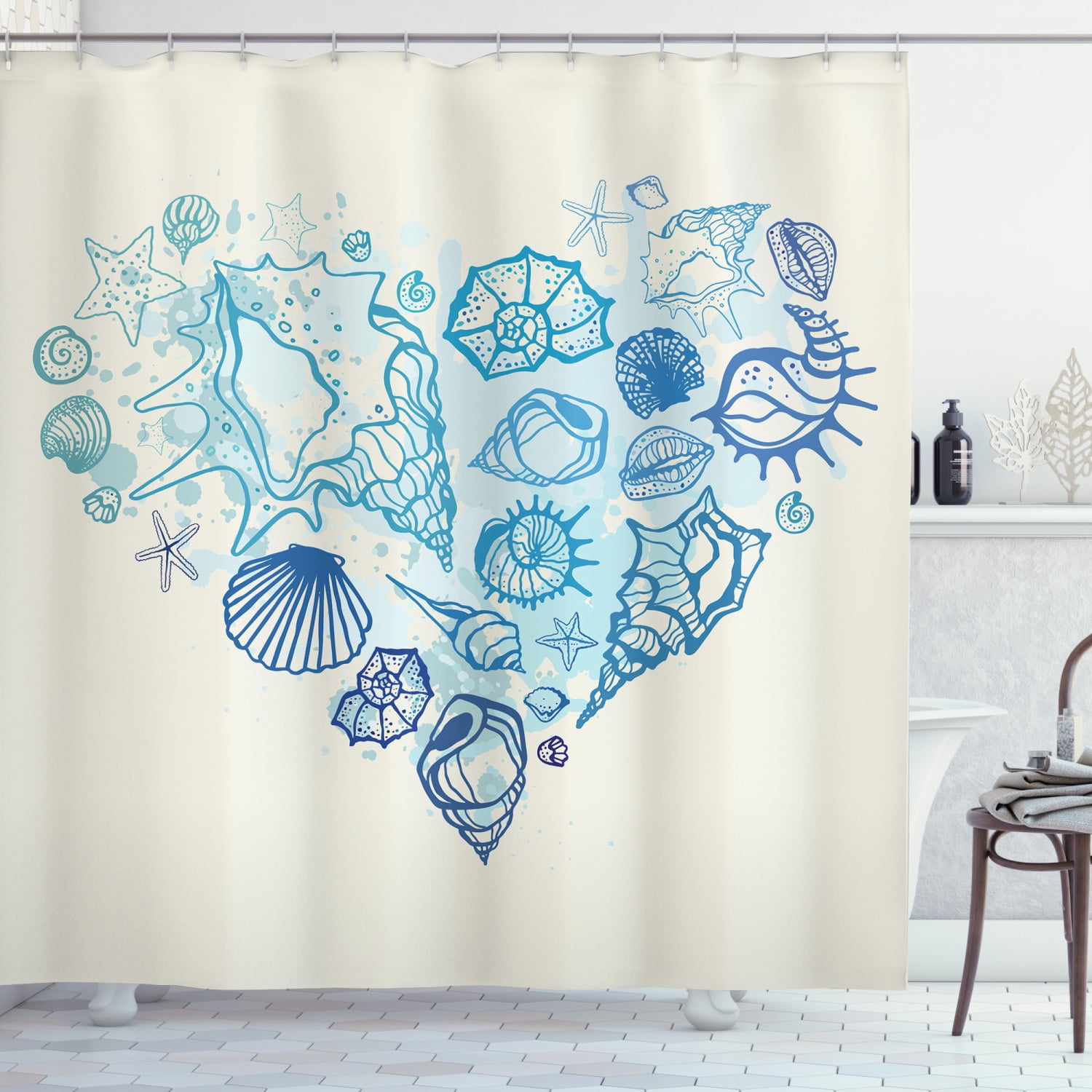 Ambesonne Shell Shower Curtain, Coastal Design Grunge Heart, 69"Wx70"L