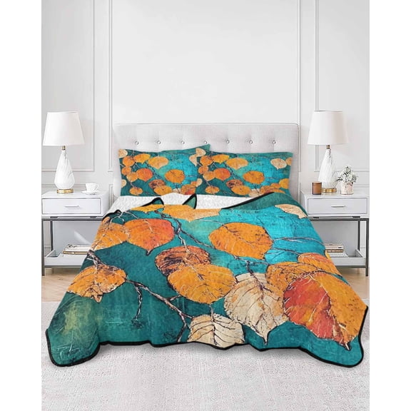 Quilts King Size, Orange Leaf Soft Comforter Bedding Set for Bed, Abstract Oil Painting Branch Turquoise Lightweight Quilted Bedspread with Pillow Cover(2 Pieces) for All Season, 96x106 Inch