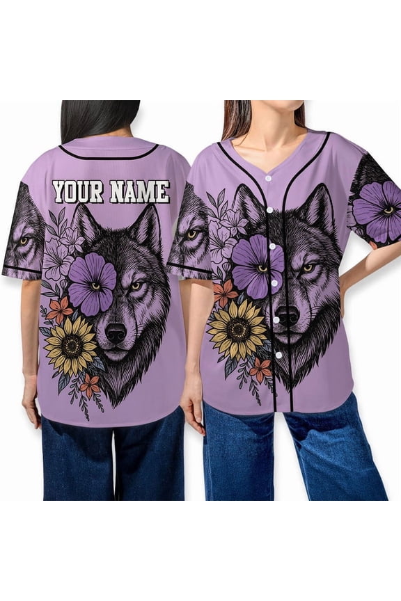 Custom Wolf Floral Baseball Jersey Personalized Animal Shirt with Sunflower & Purple Flower Design Unique Button Up Baseball Shirt for Women & Men