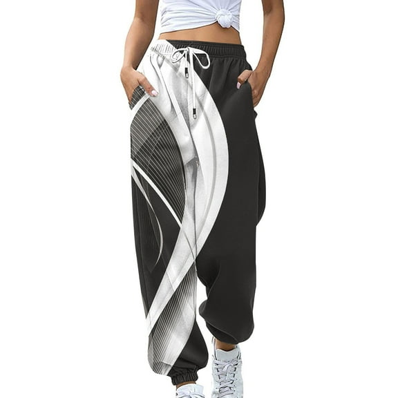 Wide Leg Sweatpants for Women with Pockets Cinched Bottom Graphic Printed Tie Elastic Waist Sports Joggers Pant (X-Large, Black)